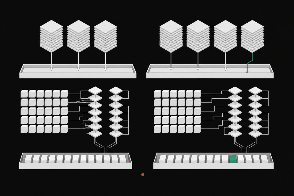 Exploded cutaway of a GPU matrix-multiplication kernel where adding a request to a batch changes the order of summation and flips one output token.