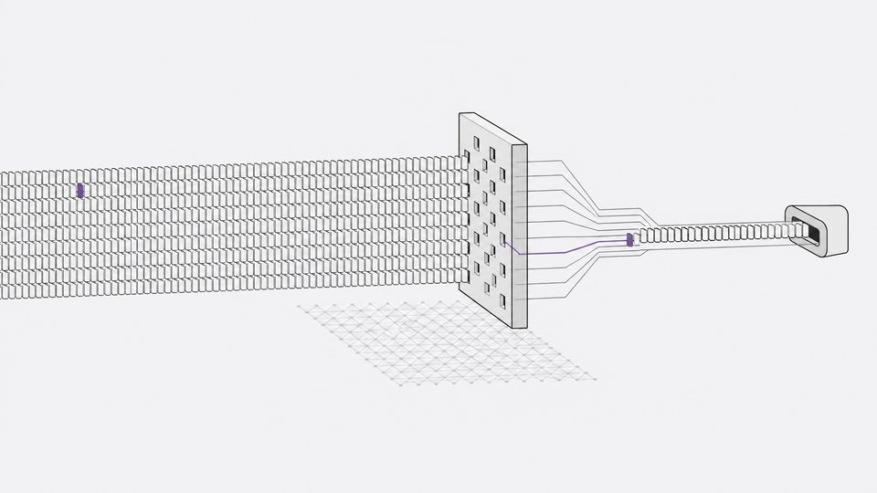 Diagram-like illustration of a very long stream of tokens passing through a sparse attention block, with one distant token routed selectively to the output, representing a 10-million-token context window.
