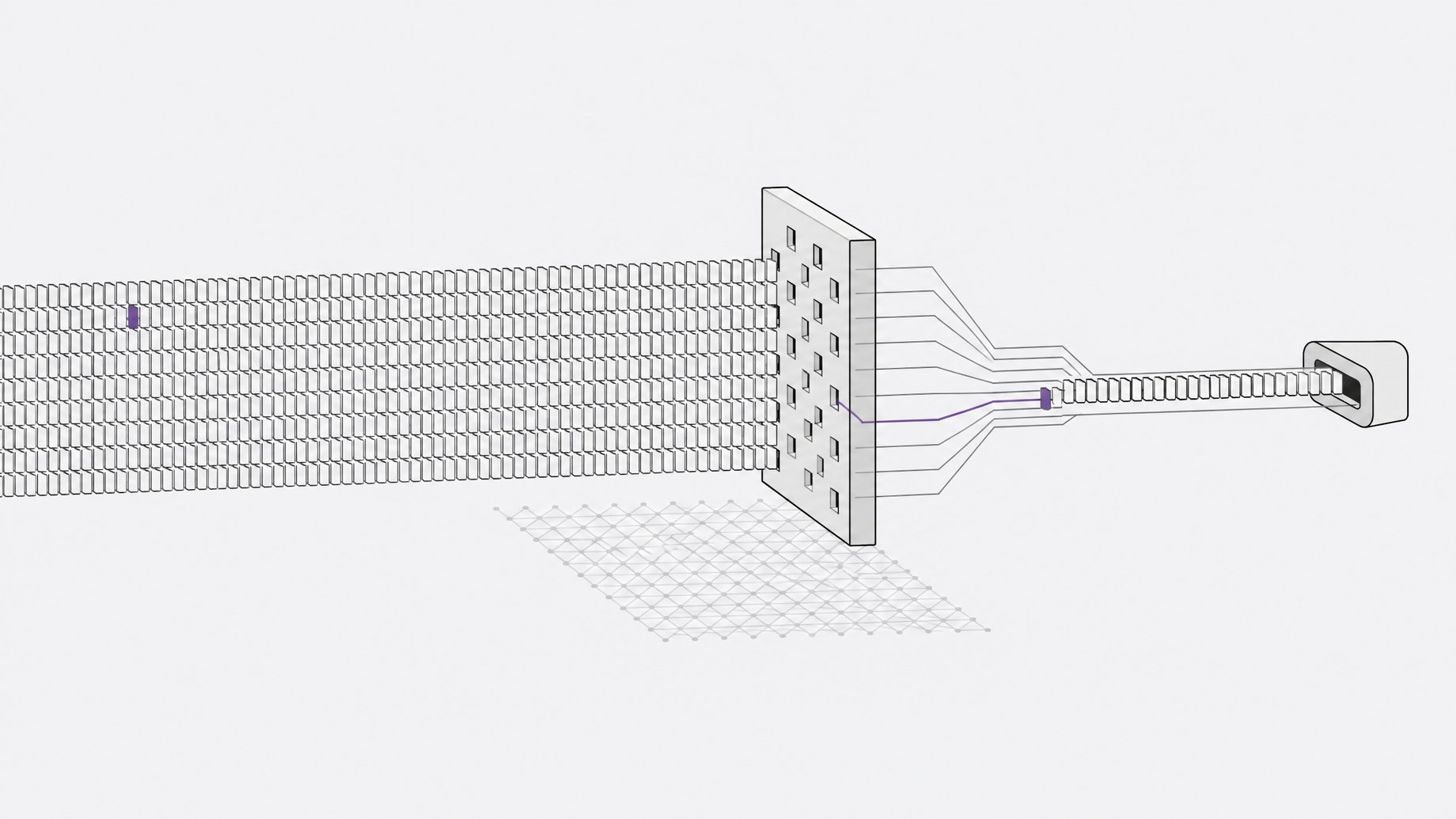 Diagram-like illustration of a very long stream of tokens passing through a sparse attention block, with one distant token routed selectively to the output, representing a 10-million-token context window.