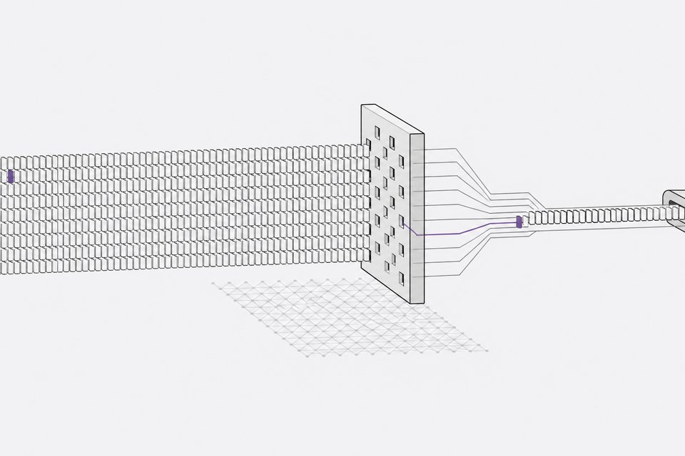 Diagram-like illustration of a very long stream of tokens passing through a sparse attention block, with one distant token routed selectively to the output, representing a 10-million-token context window.
