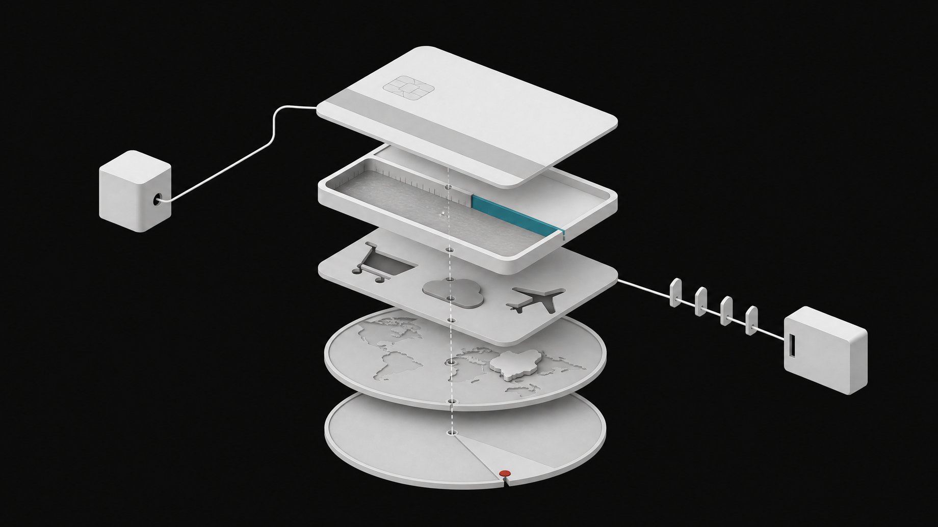 Exploded cutaway of a virtual payment card whose stacked layers show a weekly spending cap, category filter, country restriction, expiry dial and webhook notifier constraining an AI agent module.