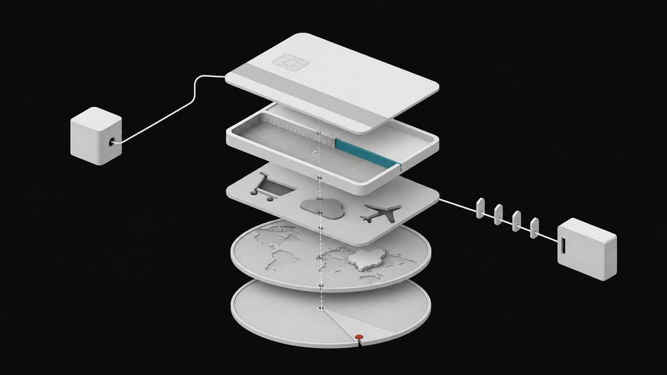 Exploded cutaway of a virtual payment card whose stacked layers show a weekly spending cap, category filter, country restriction, expiry dial and webhook notifier constraining an AI agent module.