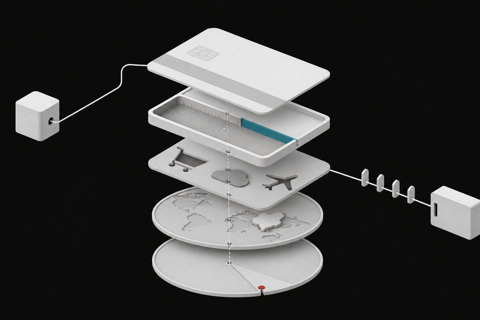 Exploded cutaway of a virtual payment card whose stacked layers show a weekly spending cap, category filter, country restriction, expiry dial and webhook notifier constraining an AI agent module.
