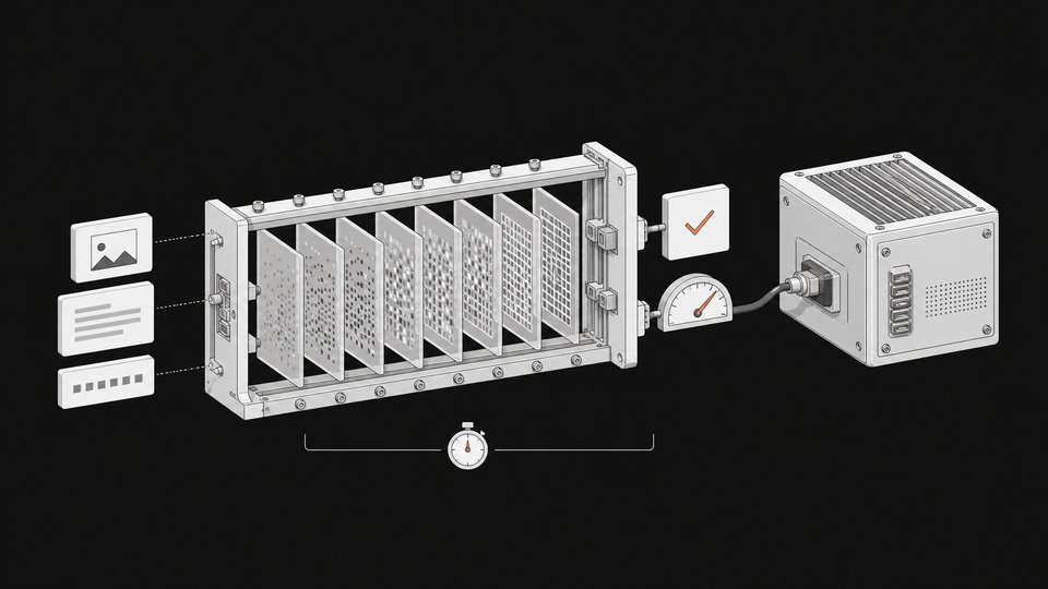 Exploded cutaway of a diffusion-based decision model, with image and text inputs passing through parallel denoising plates to an answer tile and probability dial, linked to a larger companion model.