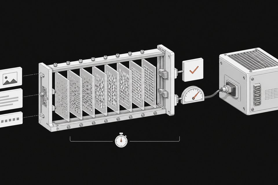 Exploded cutaway of a diffusion-based decision model, with image and text inputs passing through parallel denoising plates to an answer tile and probability dial, linked to a larger companion model.