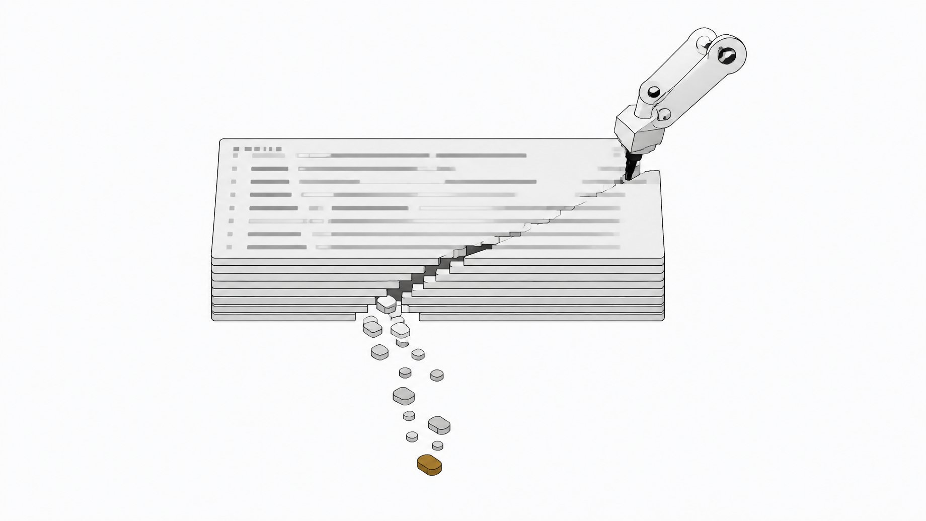 Abstract illustration of a code repository panel with a cracked seam leaking small data tokens while a robotic arm module edits it, symbolizing AI-generated code vulnerabilities and secret leaks.