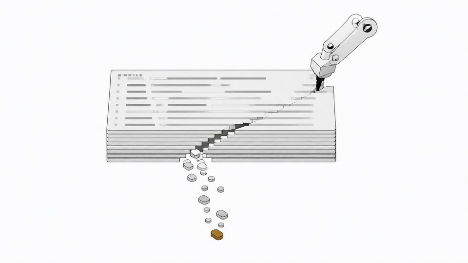Abstract illustration of a code repository panel with a cracked seam leaking small data tokens while a robotic arm module edits it, symbolizing AI-generated code vulnerabilities and secret leaks.