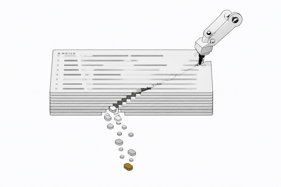 Abstract illustration of a code repository panel with a cracked seam leaking small data tokens while a robotic arm module edits it, symbolizing AI-generated code vulnerabilities and secret leaks.