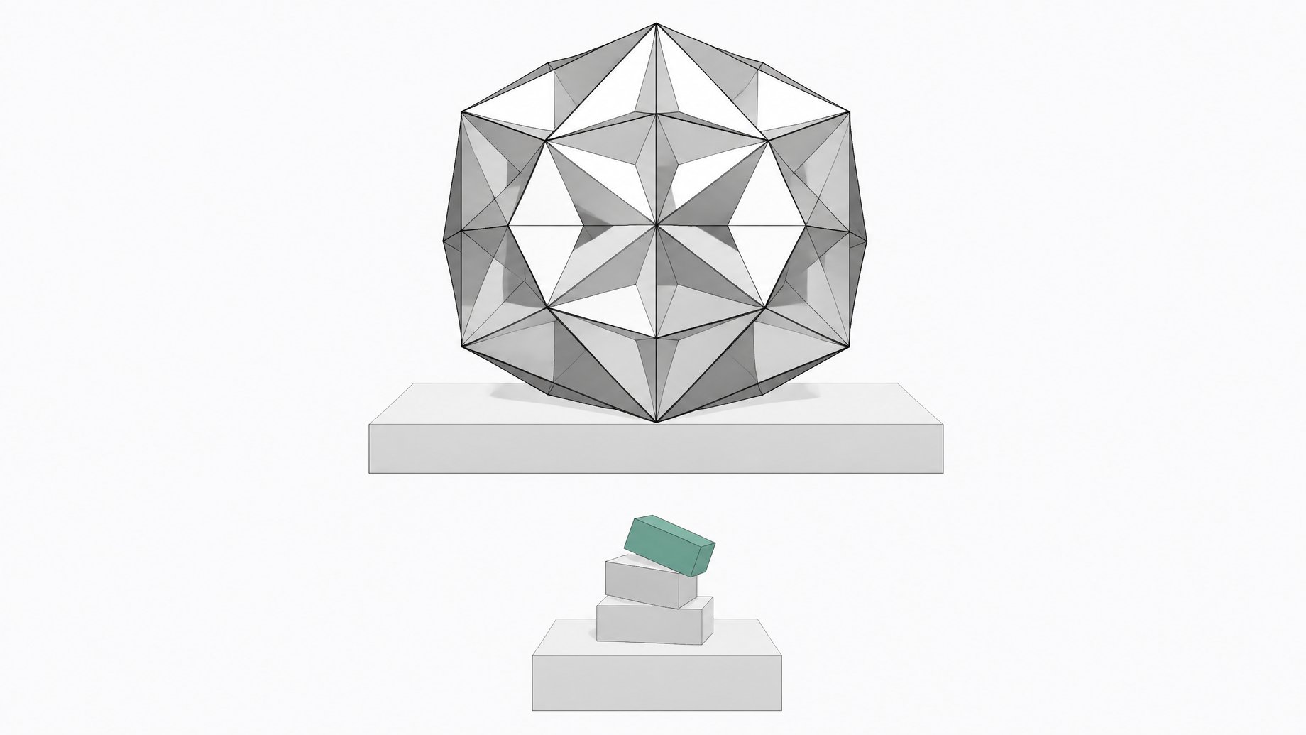 A highly complex, symmetrical polyhedron stands fully resolved above a small stack of simple blocks with one block visibly tilted and misaligned, illustrating how an AI system can master advanced mathematics while stumbling on basic logic.