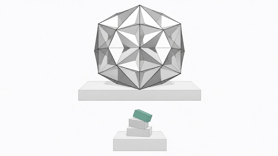 A highly complex, symmetrical polyhedron stands fully resolved above a small stack of simple blocks with one block visibly tilted and misaligned, illustrating how an AI system can master advanced mathematics while stumbling on basic logic.