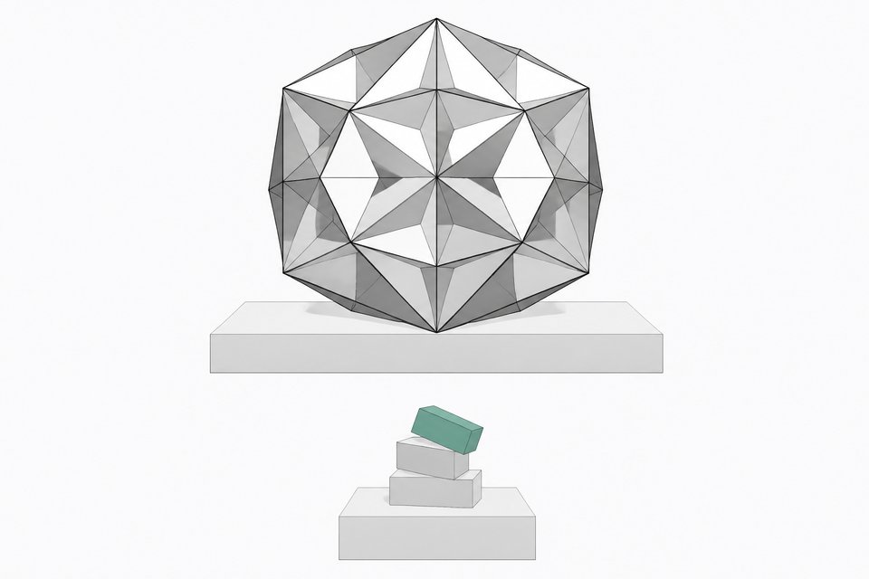 A highly complex, symmetrical polyhedron stands fully resolved above a small stack of simple blocks with one block visibly tilted and misaligned, illustrating how an AI system can master advanced mathematics while stumbling on basic logic.