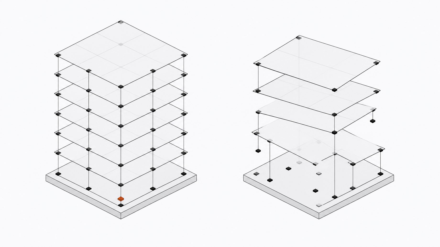Two layered canvas-editor architectures compared side by side, one with a complete, evenly connected stack of layers and an anchored accent node, the other with misaligned, incomplete, and disconnected layers.