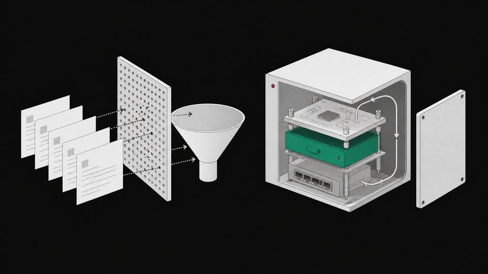 Illustration contrasting a porous data barrier that leaks document cards through a funnel with a sealed, self-contained modular server enclosure holding its own compute and storage internally.