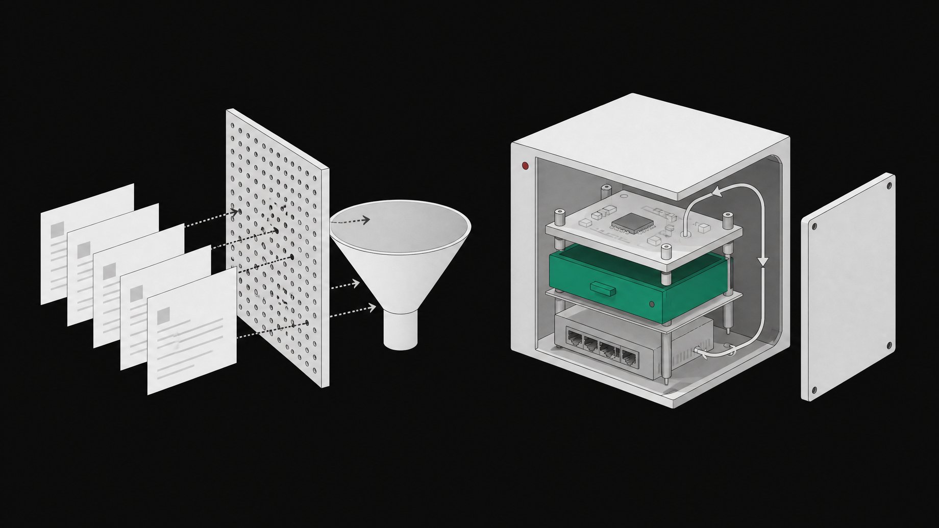 Illustration contrasting a porous data barrier that leaks document cards through a funnel with a sealed, self-contained modular server enclosure holding its own compute and storage internally.