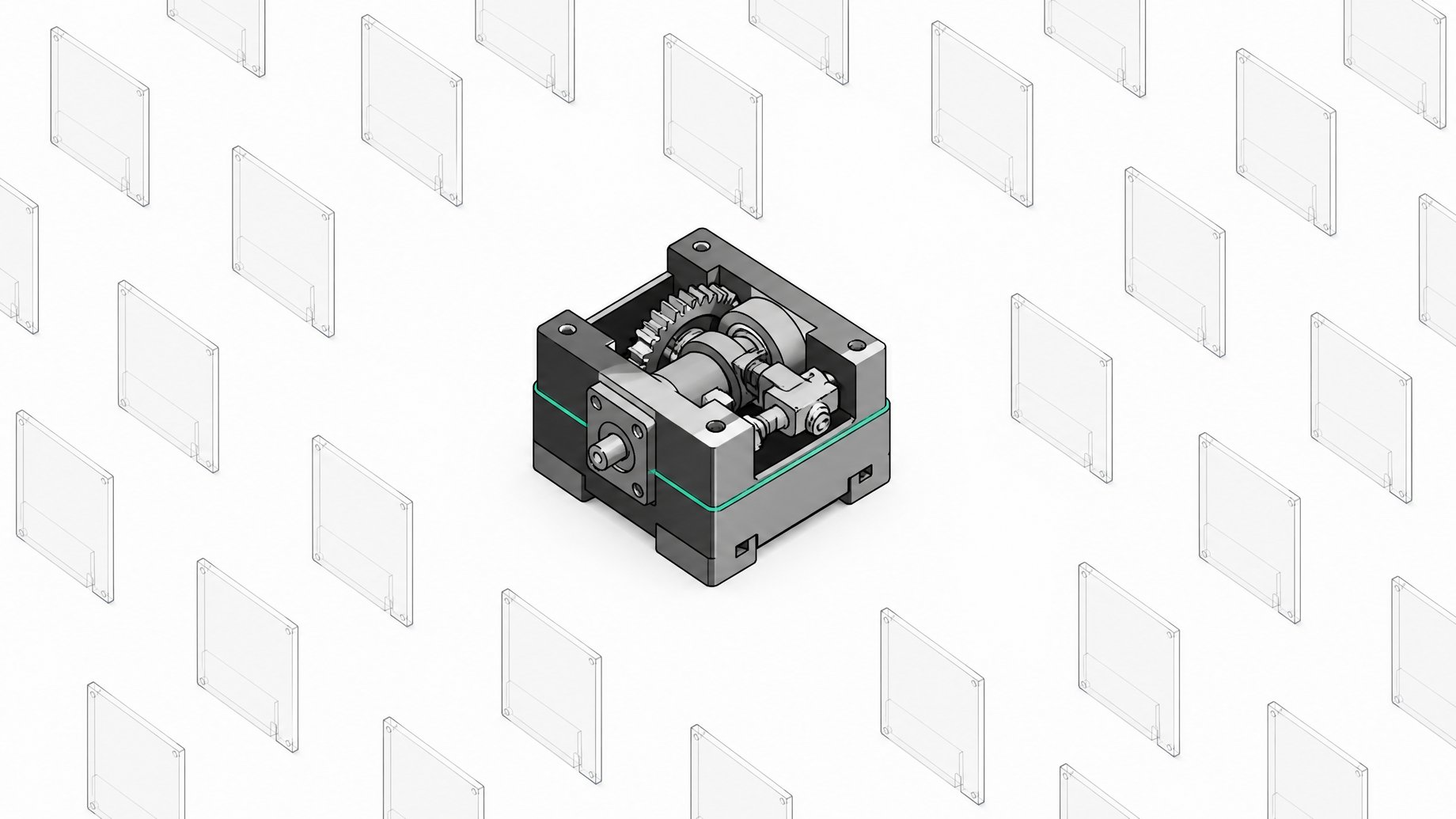 A single dense, precisely fitted mechanical assembly stands out among a large repeating grid of uniform thin panels, representing a custom-built tool replacing many identical rented software modules.
