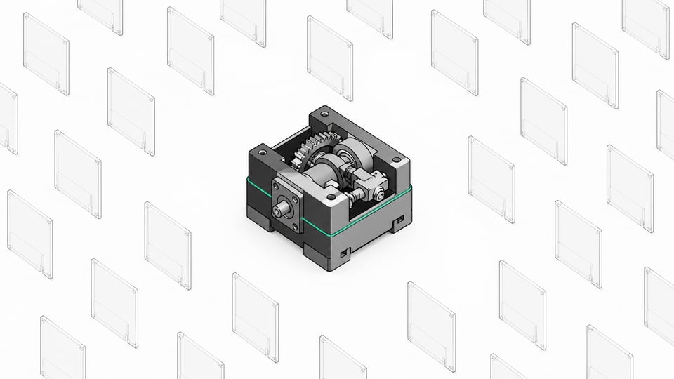 A single dense, precisely fitted mechanical assembly stands out among a large repeating grid of uniform thin panels, representing a custom-built tool replacing many identical rented software modules.
