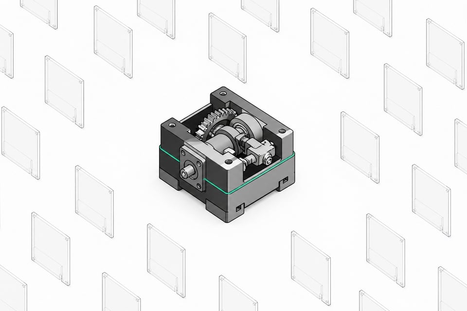 A single dense, precisely fitted mechanical assembly stands out among a large repeating grid of uniform thin panels, representing a custom-built tool replacing many identical rented software modules.