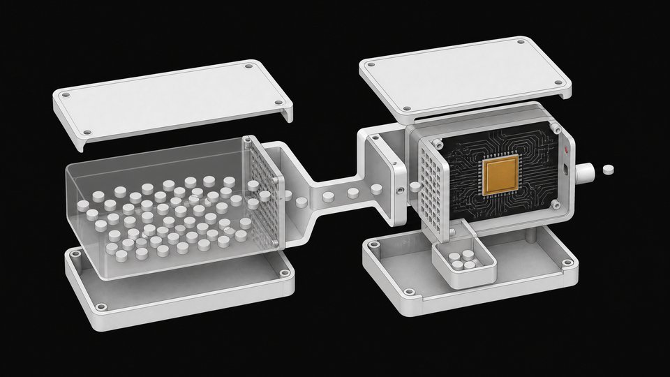 Cutaway diagram of a two-part hardware enclosure showing many small process tokens filtered through a mesh chamber and checked by a dedicated circuit module before exiting, illustrating a runtime sandbox paired with a watchdog chip for monitoring AI agents.
