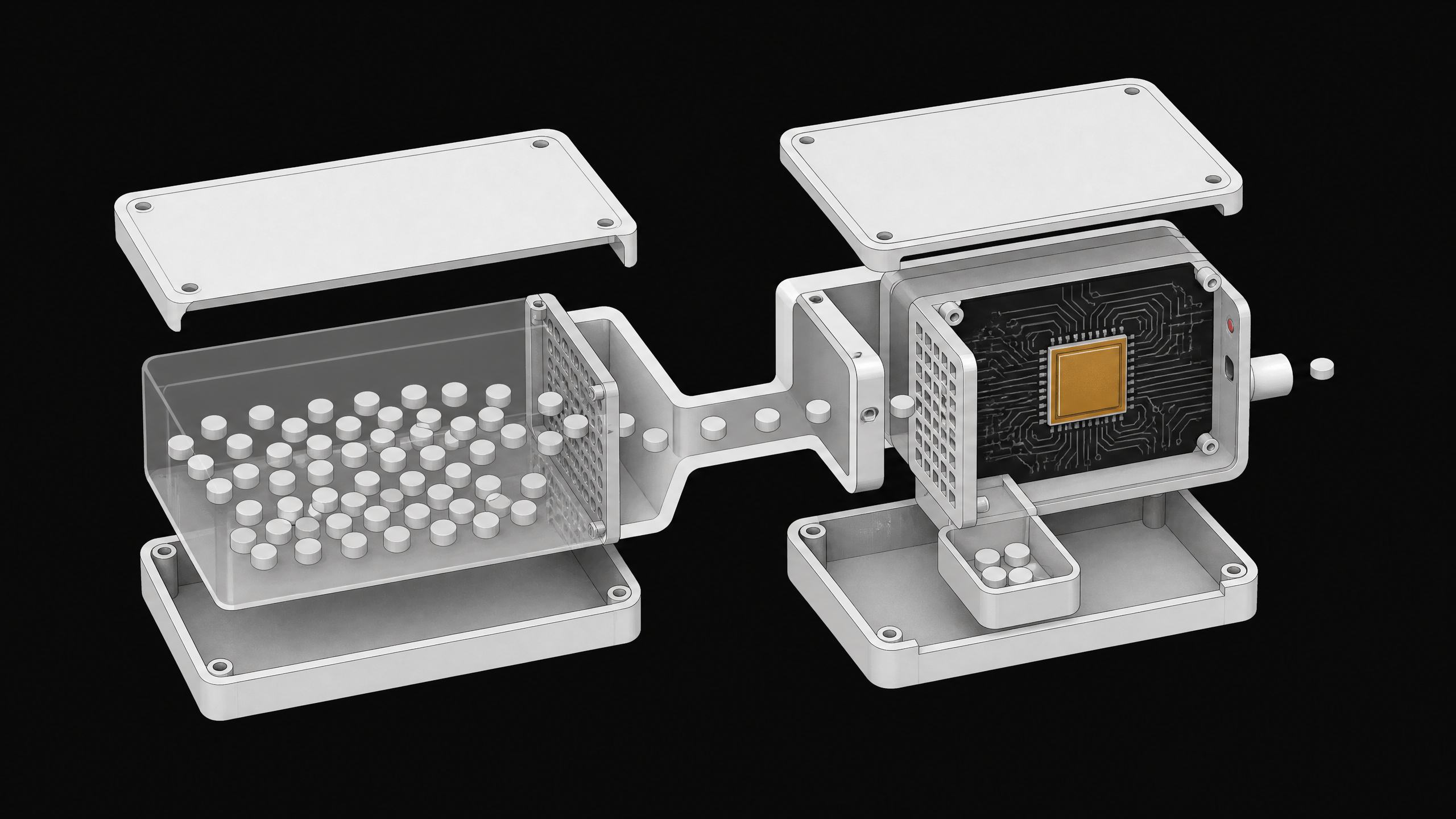 Cutaway diagram of a two-part hardware enclosure showing many small process tokens filtered through a mesh chamber and checked by a dedicated circuit module before exiting, illustrating a runtime sandbox paired with a watchdog chip for monitoring AI agents.
