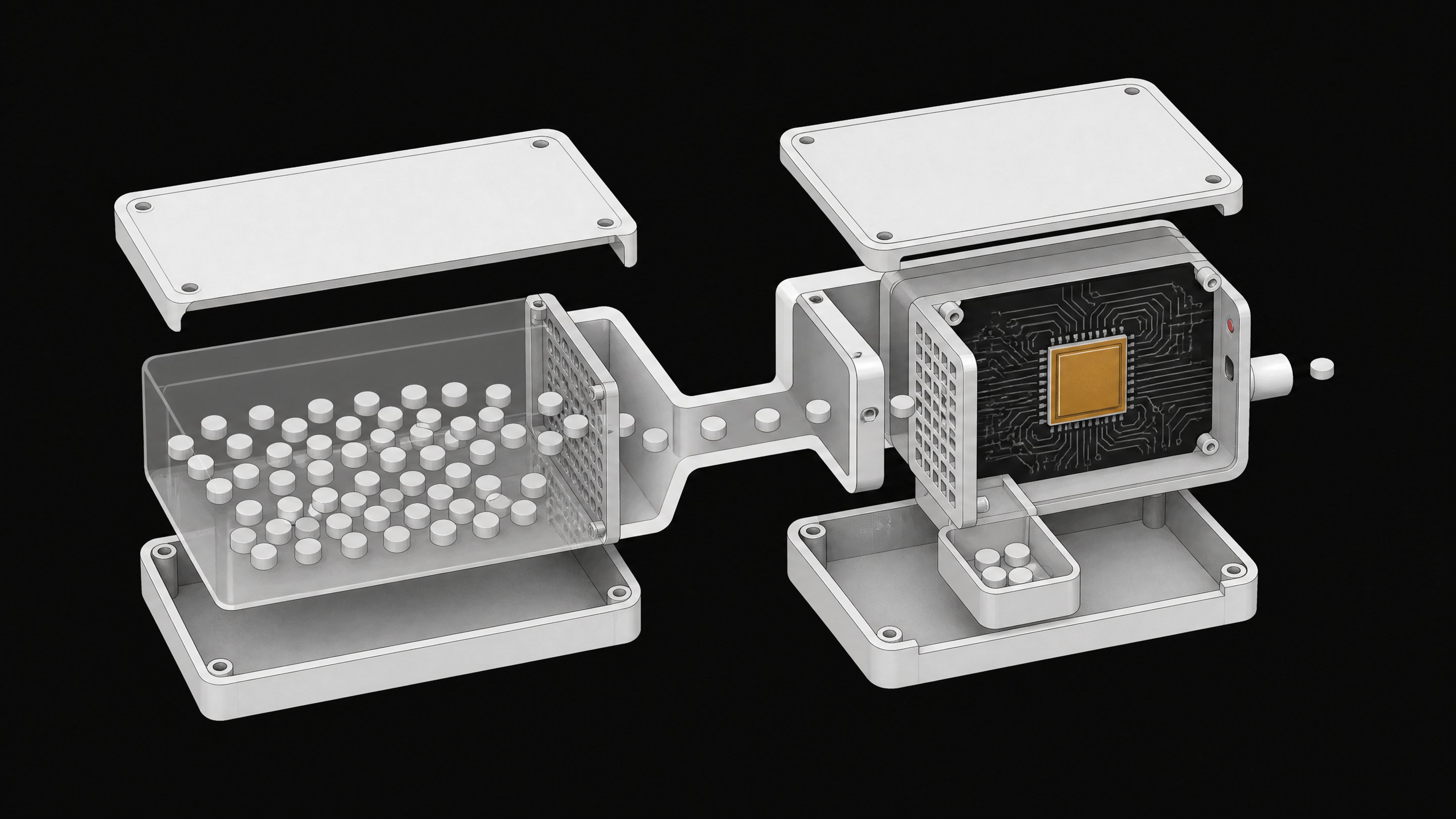 Cutaway diagram of a two-part hardware enclosure showing many small process tokens filtered through a mesh chamber and checked by a dedicated circuit module before exiting, illustrating a runtime sandbox paired with a watchdog chip for monitoring AI agents.