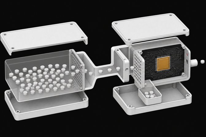Cutaway diagram of a two-part hardware enclosure showing many small process tokens filtered through a mesh chamber and checked by a dedicated circuit module before exiting, illustrating a runtime sandbox paired with a watchdog chip for monitoring AI agents.