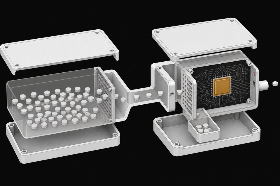 Cutaway diagram of a two-part hardware enclosure showing many small process tokens filtered through a mesh chamber and checked by a dedicated circuit module before exiting, illustrating a runtime sandbox paired with a watchdog chip for monitoring AI agents.