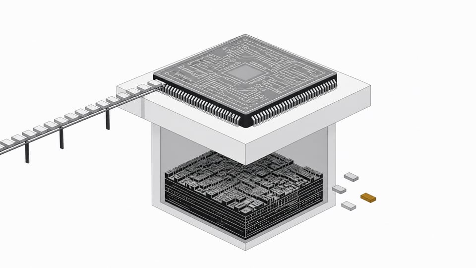 A documented microcontroller chip with a smooth flow of code tokens above, contrasted with an undocumented silicon layer below where tokens sit disconnected and unintegrated.