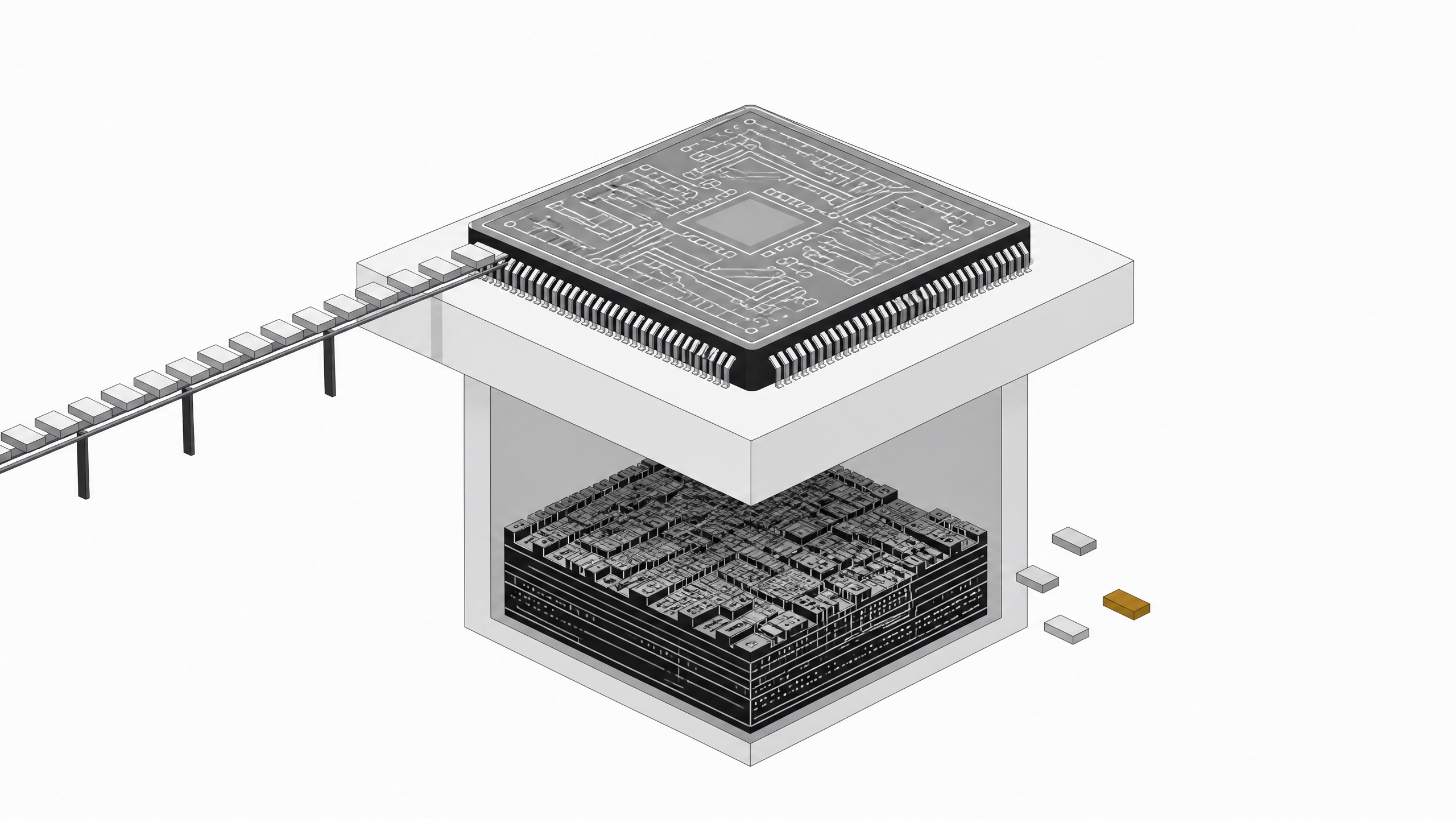 A documented microcontroller chip with a smooth flow of code tokens above, contrasted with an undocumented silicon layer below where tokens sit disconnected and unintegrated.
