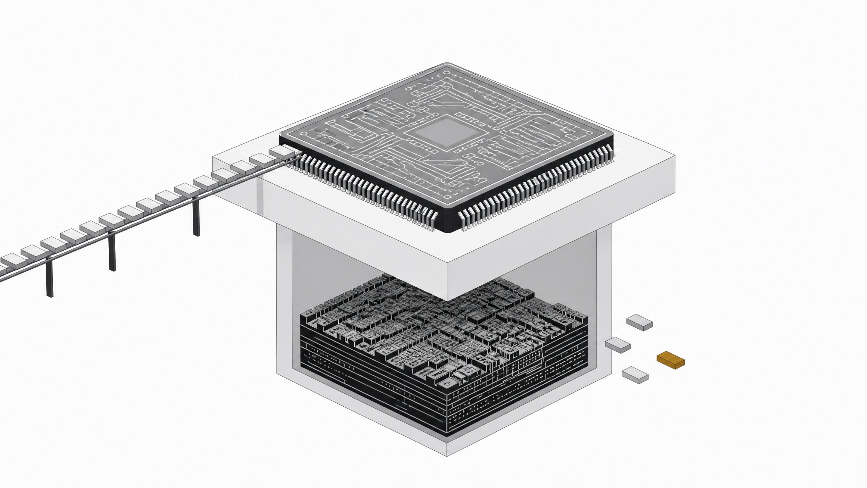 A documented microcontroller chip with a smooth flow of code tokens above, contrasted with an undocumented silicon layer below where tokens sit disconnected and unintegrated.