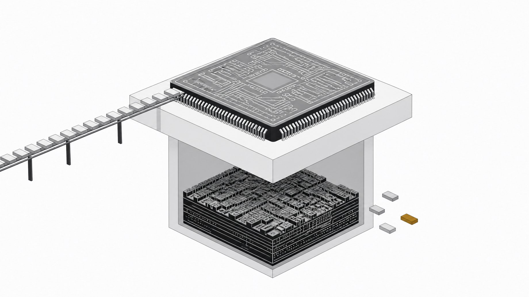 A documented microcontroller chip with a smooth flow of code tokens above, contrasted with an undocumented silicon layer below where tokens sit disconnected and unintegrated.