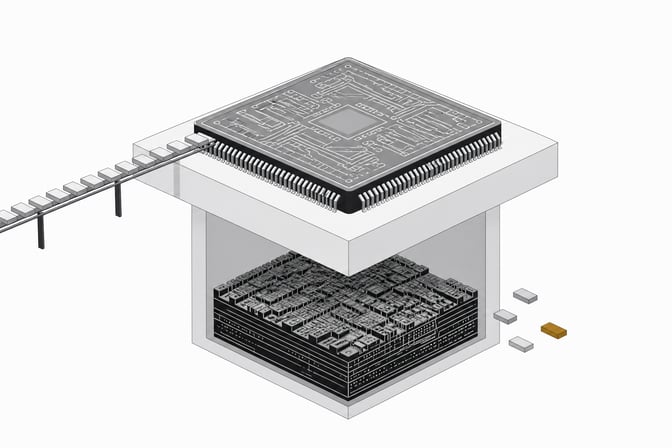A documented microcontroller chip with a smooth flow of code tokens above, contrasted with an undocumented silicon layer below where tokens sit disconnected and unintegrated.