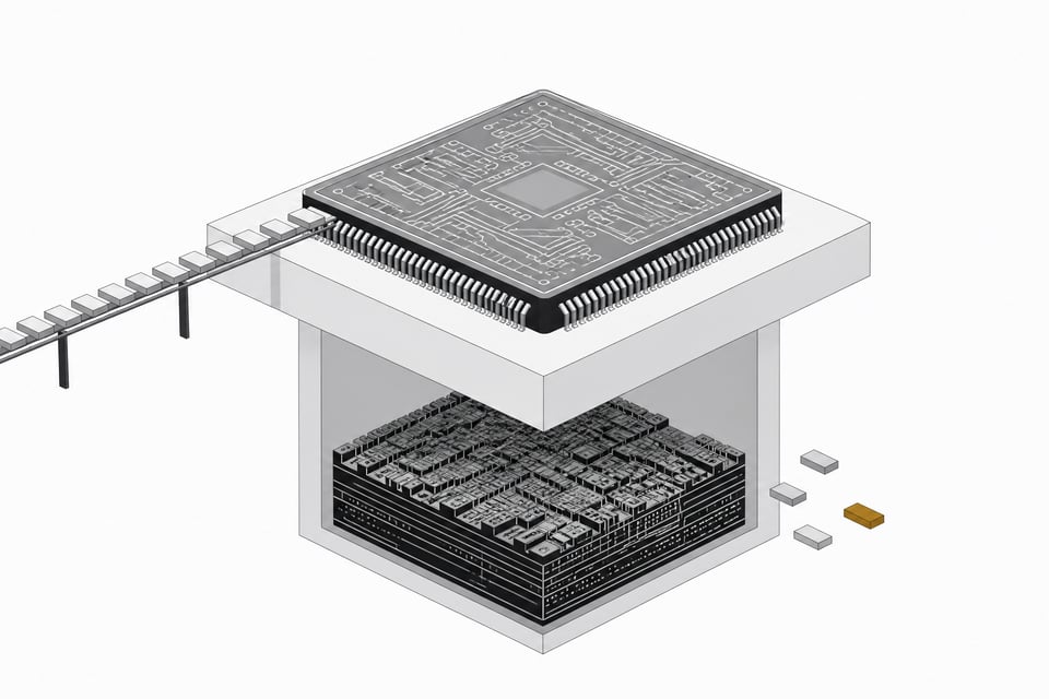 A documented microcontroller chip with a smooth flow of code tokens above, contrasted with an undocumented silicon layer below where tokens sit disconnected and unintegrated.