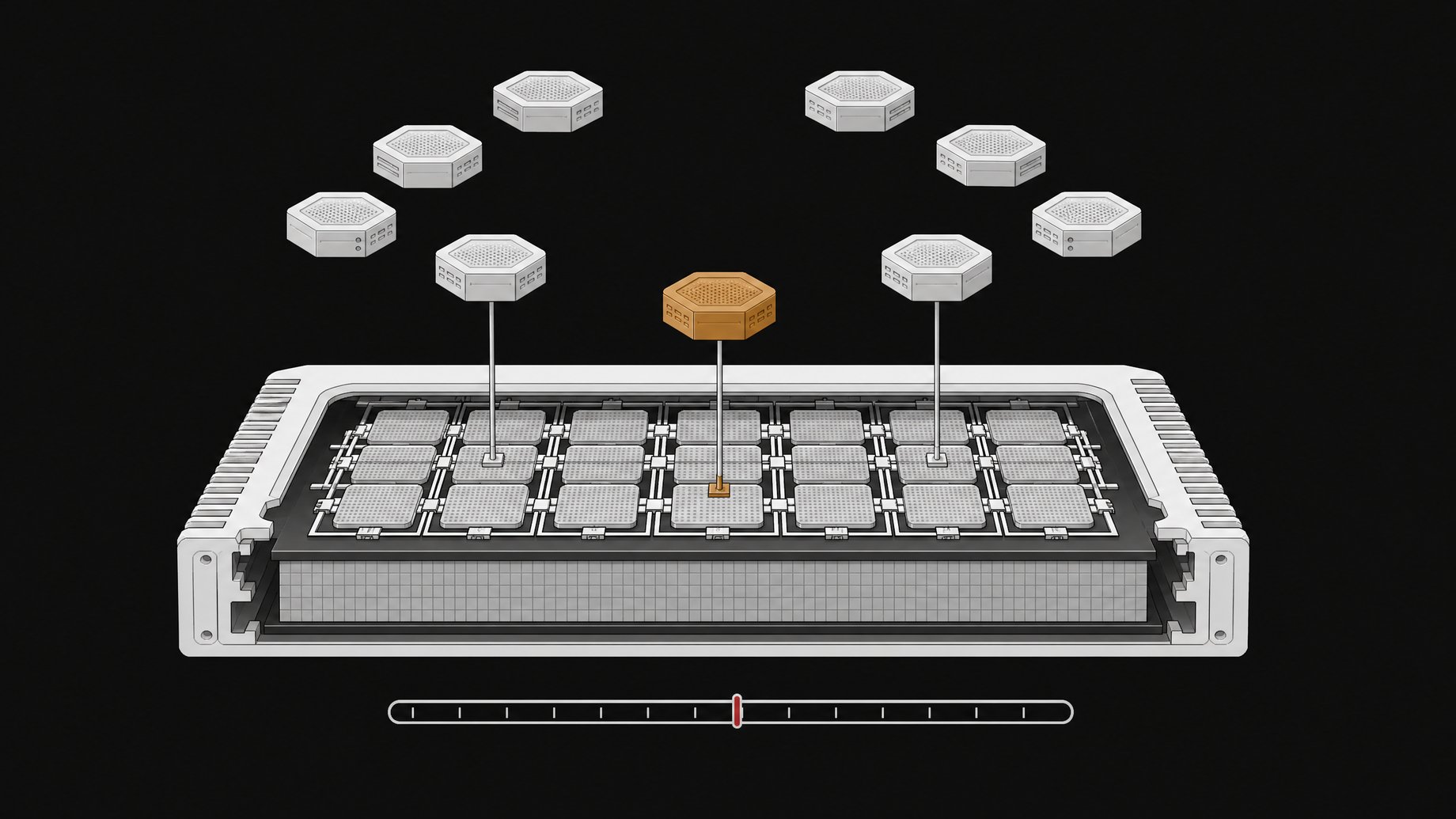 Cutaway illustration of a unified-memory computer block with a mixture-of-experts module ring above it, showing only a few modules actively connected to the shared memory slab, alongside a threshold gauge bar.