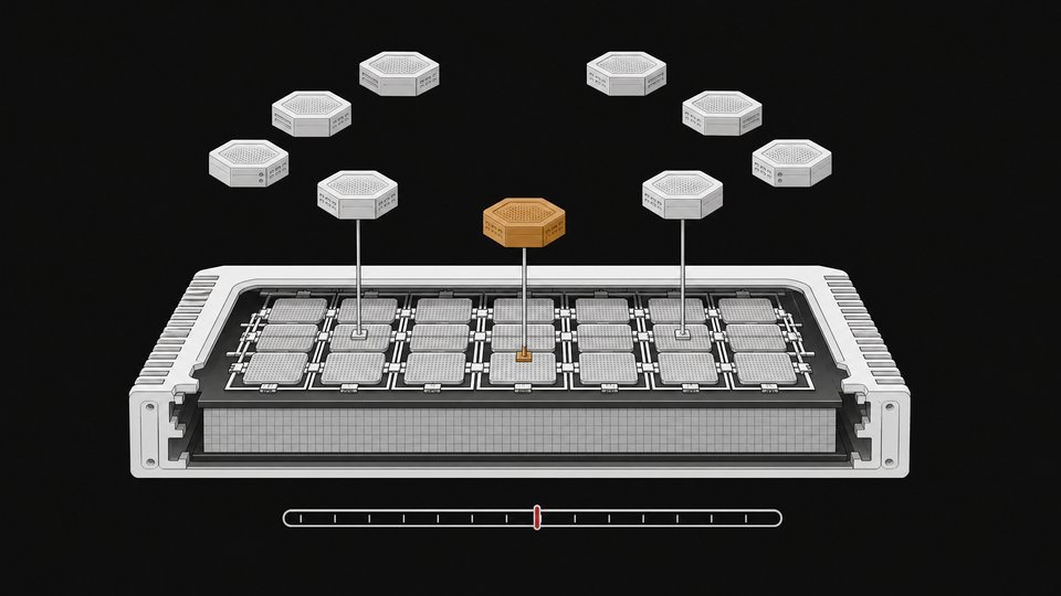 Cutaway illustration of a unified-memory computer block with a mixture-of-experts module ring above it, showing only a few modules actively connected to the shared memory slab, alongside a threshold gauge bar.