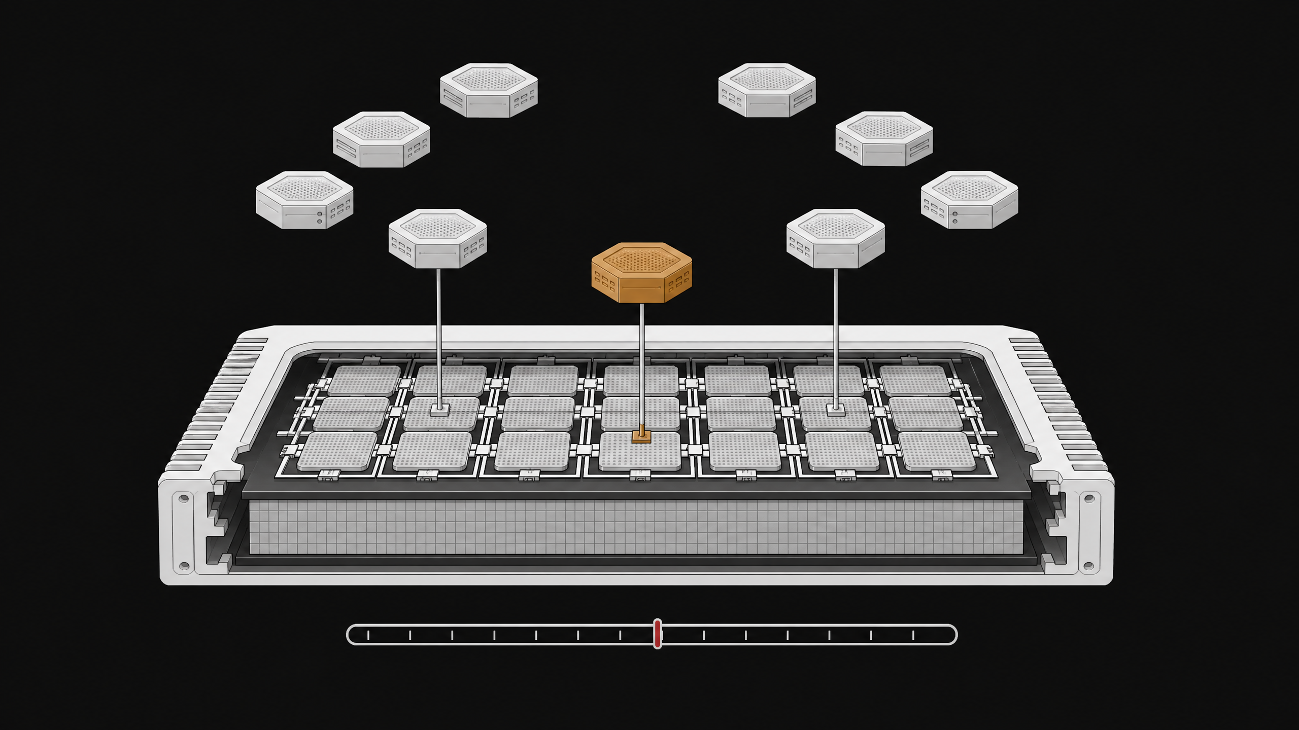Cutaway illustration of a unified-memory computer block with a mixture-of-experts module ring above it, showing only a few modules actively connected to the shared memory slab, alongside a threshold gauge bar.