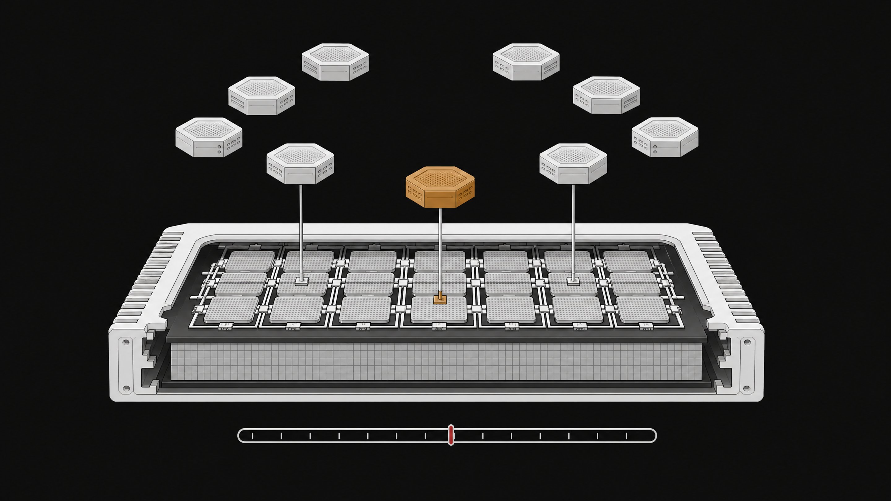 Cutaway illustration of a unified-memory computer block with a mixture-of-experts module ring above it, showing only a few modules actively connected to the shared memory slab, alongside a threshold gauge bar.