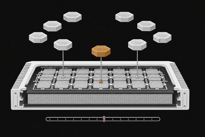 Cutaway illustration of a unified-memory computer block with a mixture-of-experts module ring above it, showing only a few modules actively connected to the shared memory slab, alongside a threshold gauge bar.