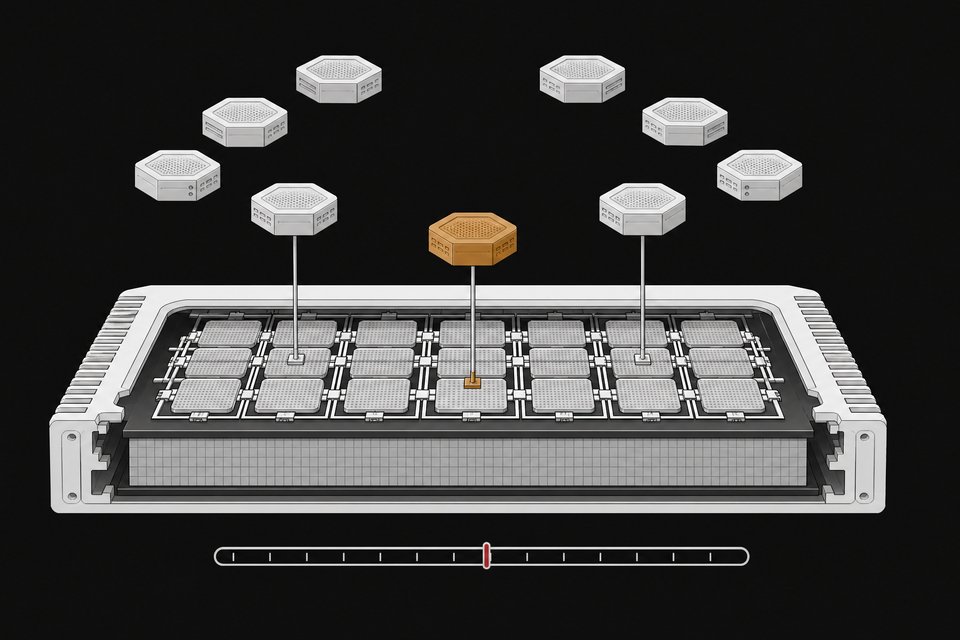 Cutaway illustration of a unified-memory computer block with a mixture-of-experts module ring above it, showing only a few modules actively connected to the shared memory slab, alongside a threshold gauge bar.