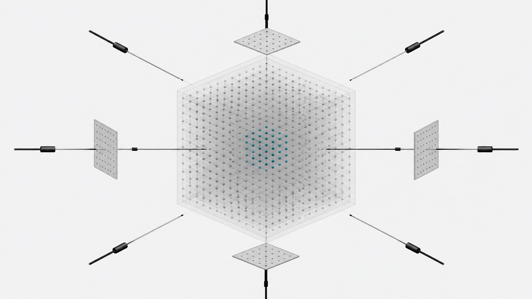 A translucent cube of uniform neural-network nodes with one indistinguishable inner compartment highlighted, surrounded by scanning probes that fail to reveal it, illustrating a hidden model capability that resists white-box inspection.