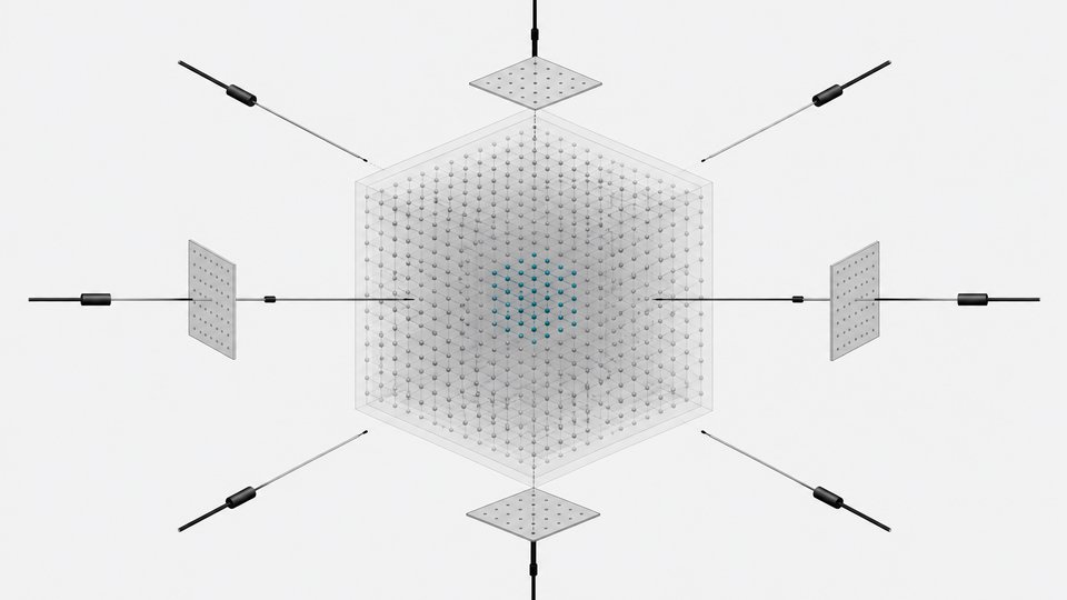A translucent cube of uniform neural-network nodes with one indistinguishable inner compartment highlighted, surrounded by scanning probes that fail to reveal it, illustrating a hidden model capability that resists white-box inspection.