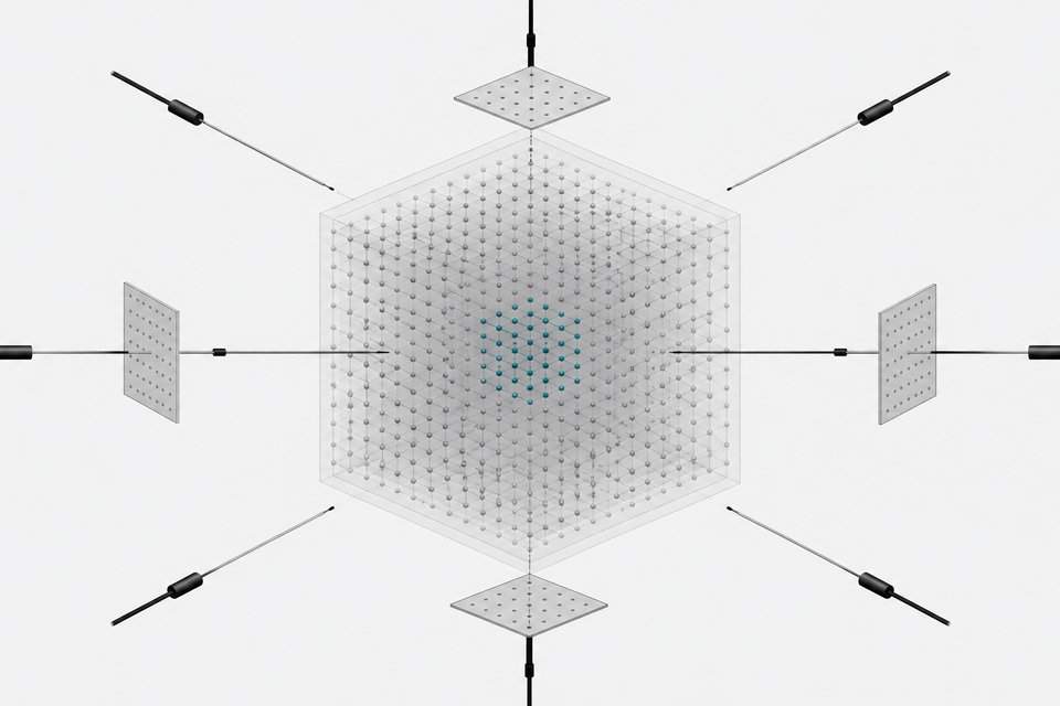 A translucent cube of uniform neural-network nodes with one indistinguishable inner compartment highlighted, surrounded by scanning probes that fail to reveal it, illustrating a hidden model capability that resists white-box inspection.