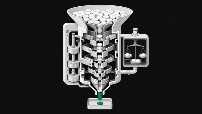 Cutaway diagram of a mechanical decision-funnel device that filters many input tokens down through calibrated gates to a single accent-colored output token.
