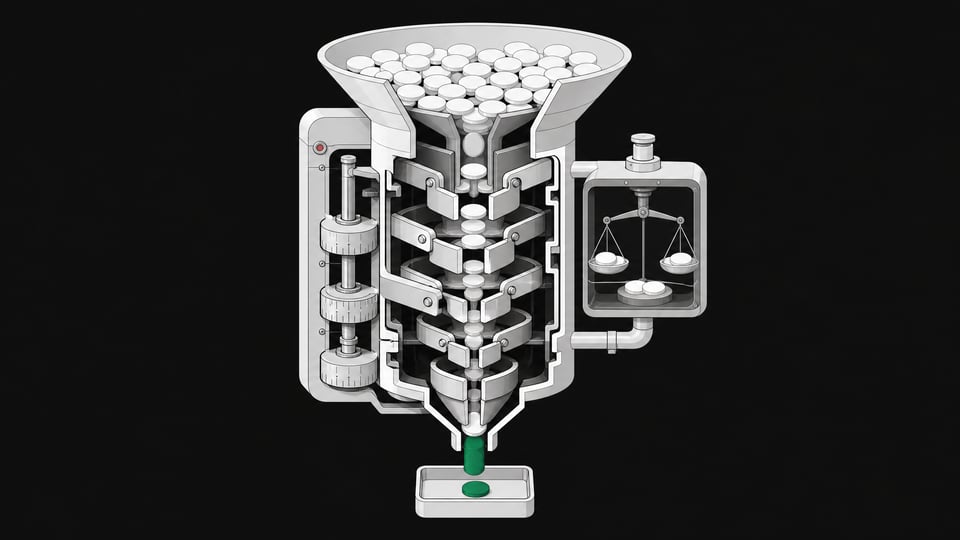 Cutaway diagram of a mechanical decision-funnel device that filters many input tokens down through calibrated gates to a single accent-colored output token.