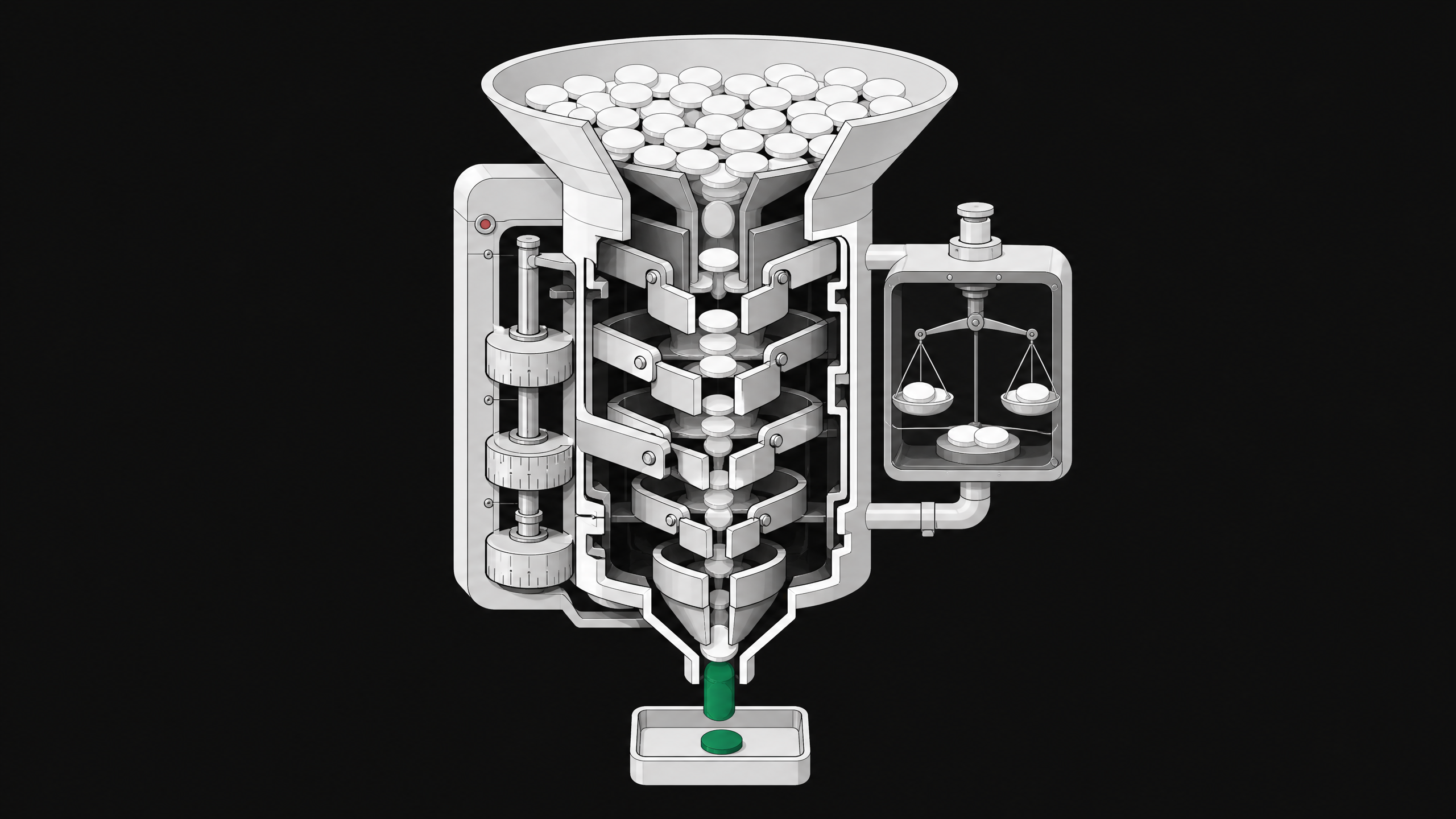 Cutaway diagram of a mechanical decision-funnel device that filters many input tokens down through calibrated gates to a single accent-colored output token.