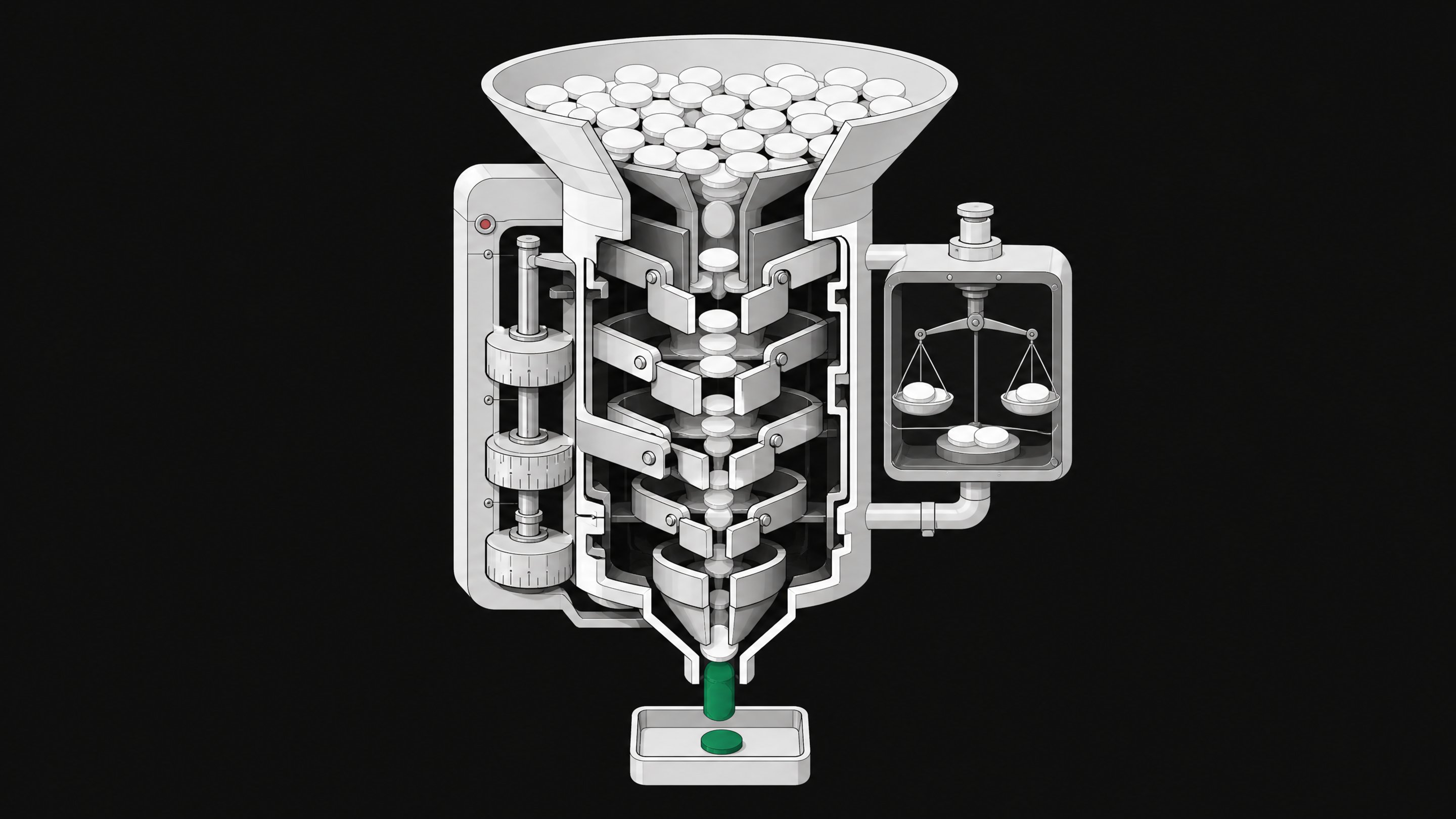 Cutaway diagram of a mechanical decision-funnel device that filters many input tokens down through calibrated gates to a single accent-colored output token.