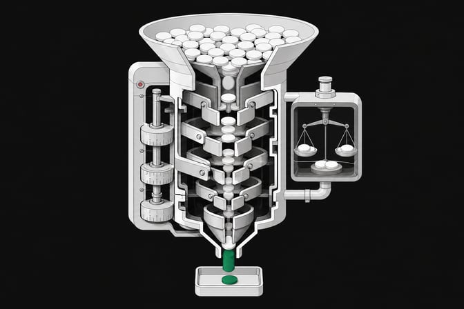 Cutaway diagram of a mechanical decision-funnel device that filters many input tokens down through calibrated gates to a single accent-colored output token.