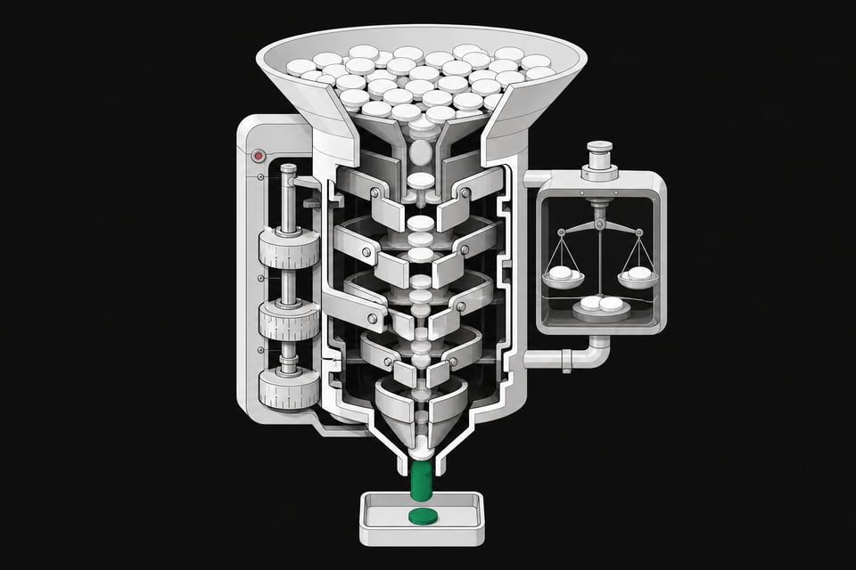 Cutaway diagram of a mechanical decision-funnel device that filters many input tokens down through calibrated gates to a single accent-colored output token.