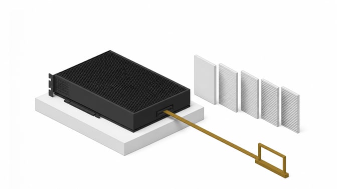 A single GPU module feeding five interchangeable model tiles through a highlighted output channel toward an empty result frame, representing local open-source LLMs run for coding on one graphics card.