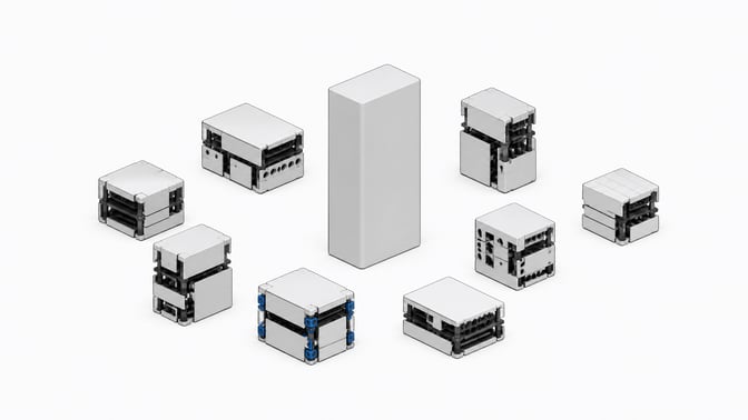 A single sealed software module stands apart from a cluster of smaller, modular assemblies built from interlocking parts, illustrating internal tools being self-built instead of bought as one packaged product.