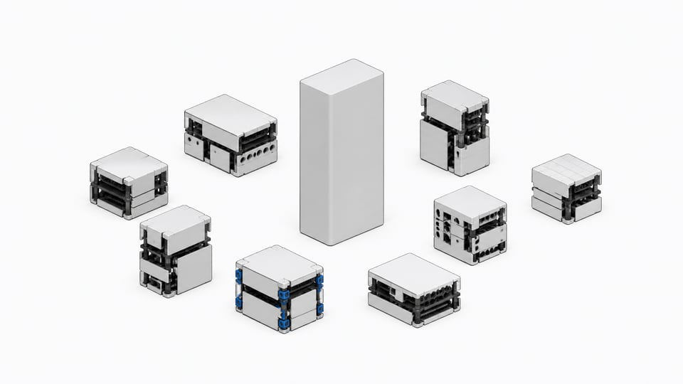 A single sealed software module stands apart from a cluster of smaller, modular assemblies built from interlocking parts, illustrating internal tools being self-built instead of bought as one packaged product.